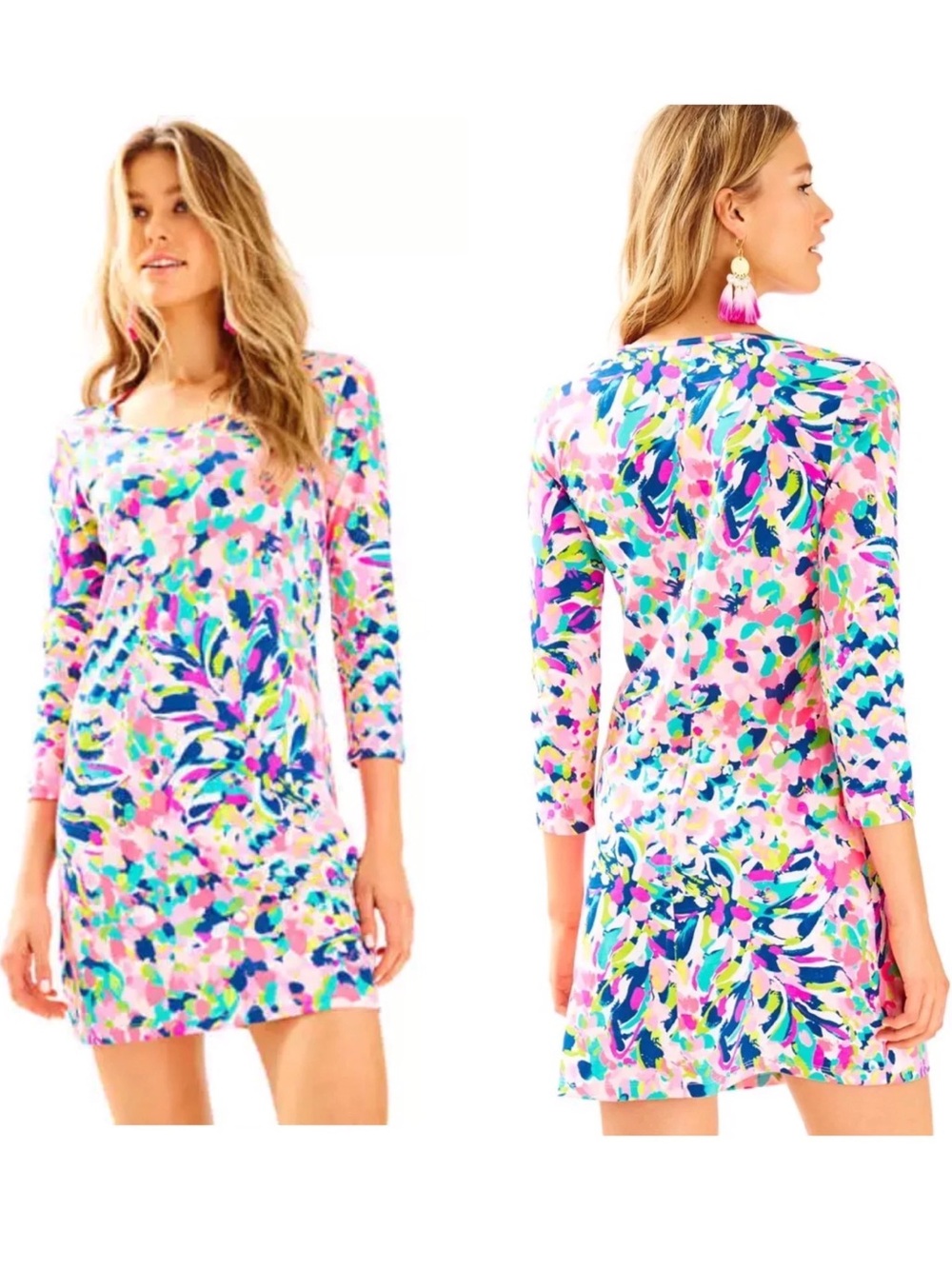 Lilly Pulitzer Beacon Dress Pinacolada Club Pima Cotton 3/4 Sleeve MultiColor XS
